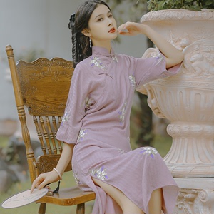 实拍 仲夏煮雪宽松旗袍年轻版日常紫色连衣裙新品上市精品包邮