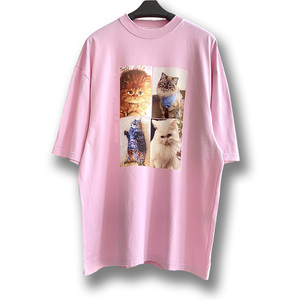 正确版本21ss新款b家小猫咪照片t恤女领口破坏短袖宽松版型情侣装