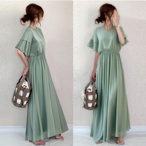 日系跨境外贸2024夏季新款圆领荷叶袖连衣裙 Solid color dress