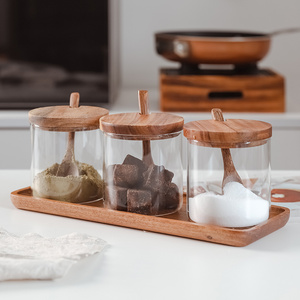 爱加家居玻璃调味罐厨房用品盐糖罐相思木盖木勺调味盒套装组合装
