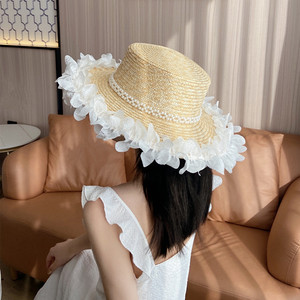 原创设计珍珠蕾丝小花边平顶麦秆草帽女夏天旅行拍照仙女遮阳帽子