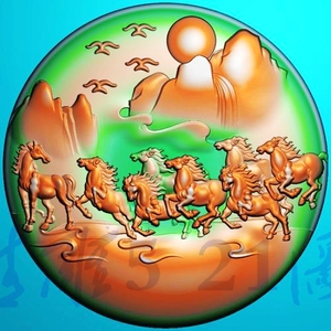 生肖马圆形山水八骏马精雕图jdp灰度图bmp浮雕图玉雕图电脑雕刻图