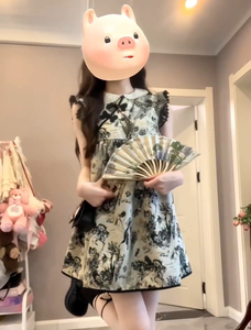 水墨画新中式国风连衣裙2024新款女夏小飞袖娃娃领小个子甜美裙子
