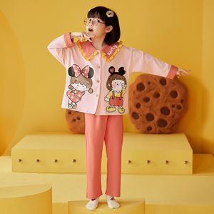 宫蝶儿童睡衣春秋纯棉长袖小女孩套装亲子母女装可爱公主风家居服