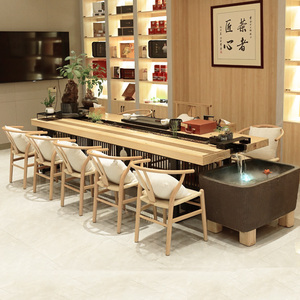 新中式大板流水茶台养鱼办公室长茶桌实木禅意功夫茶桌椅组合创意