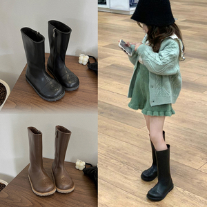 韩版童鞋冬季女童新款加绒长筒靴子山茶花刺绣中大童黑色高筒皮靴