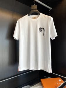 hermes/爱马仕 22夏季男女同款纯色半袖马头拼皮logo圆领短袖t恤