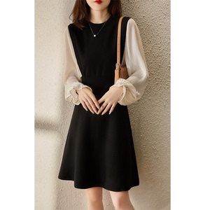 ayga 女秋冬羊毛连衣裙气质减龄圆领针织拼接雪纺袖显瘦针织裙