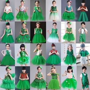 六一儿童绿色亮片表演服幼儿园女童蓬蓬纱裙公主裙舞蹈小草演出服