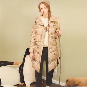 虫二小院2021冬装新品 印花连帽羽绒服女中长款保暖时尚宽松外套