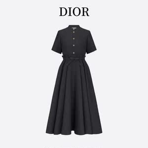 dior/迪奥 23夏季新款荷叶边短袖中长裙蝴蝶结收腰衬衫式连衣裙女
