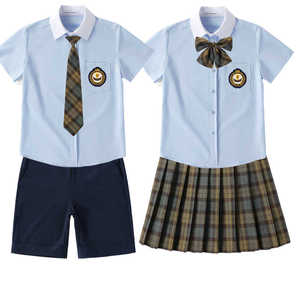 团购白色蓝色短袖衬衫学院风男女学生格子裙班校服夏季短裤套装