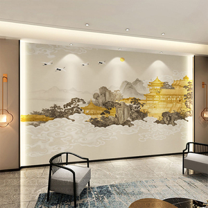 新中式写意山水壁纸描金墙布电视背景墙壁画客厅酒店包房沙发壁布