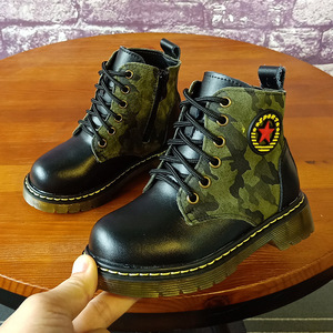 儿童军靴真皮女童鞋迷彩靴子男童马丁靴特种兵皮靴冬加绒小黄靴战
