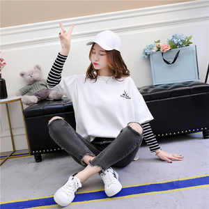 女生酷酷的衣服嘻哈帅气学生长袖t恤女韩版宽松假两件上衣丅桖血