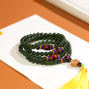 和田玉老坑碧玉项链菠菜绿男女款108颗佛珠挂链吊坠配绳