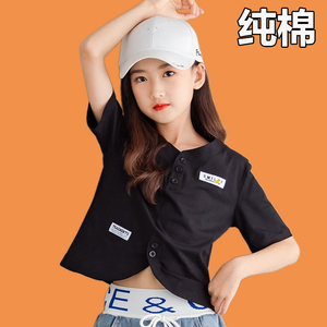 女童露肚脐上衣夏季短袖t恤2022夏装嘻哈风中大童高腰v领纯棉小衫
