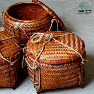 复古竹编箩筐带盖结婚喜事米箩家用老式收纳筐大号竹筐精编竹制品