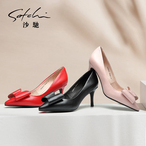 沙驰女鞋春季新款小众气质名媛尖头蝴蝶结细跟单鞋真皮性感高跟鞋