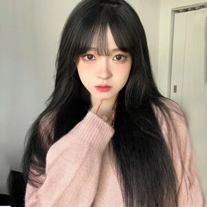 假发女长发长直发空气刘海仿真人发网红日常黑茶夏季透气全头套式