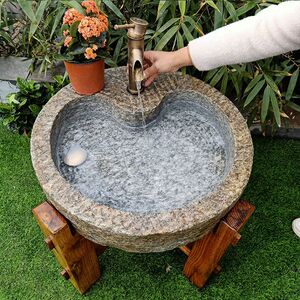 洗手老石磨洗手洗脸盆石槽木架流水景观复古怀旧石岗石雕磨盘水池