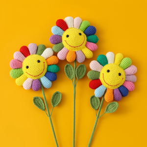 diy手工编织彩虹太阳花毛线针织花束村上隆七色花钩针自制送礼物