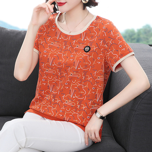 妈妈夏装纯棉短袖t恤女中老年宽松百搭大码上衣女洋气半袖小衫潮