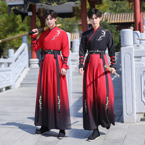 中国风古装大码交领长袖二件套汉服男生黑色武士书生剑客古风套装