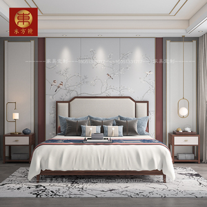 新中式实木床现代简约卧室布艺双人床1.8m酒店别墅样板房家具定制