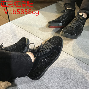高帮满钻红底鞋clνj黑钻男鞋情侣款真皮板鞋麂皮水钻女鞋铆钉鞋