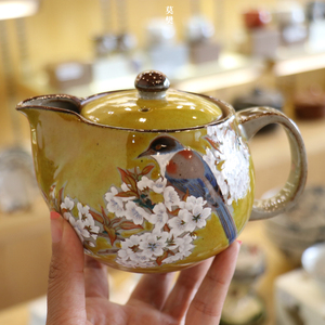 莫樊 日本制九谷烧日式陶瓷黄色樱花雀鸟功夫茶壶对杯茶杯子礼盒