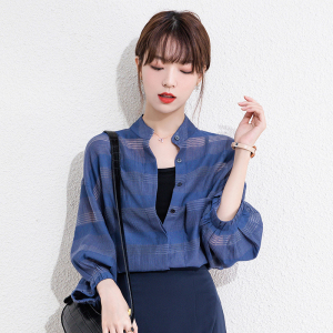 夏季蓝格纹立领衬衫设计感小众女宽松显瘦衬衣薄款系带气质上衣女