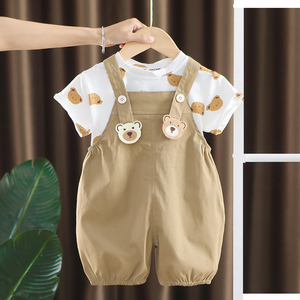 婴儿衣服夏季超洋气可爱纯棉短袖背带裤两件套一周岁男女宝宝夏装