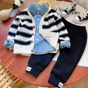 婴儿衣服春季条纹开衫长袖休闲外套三件套分体一周岁男孩宝宝春装