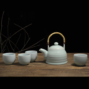 龙泉青瓷茶具套装 陶瓷功夫茶具套装 圆融大提梁五头茶1茶壶4茶杯