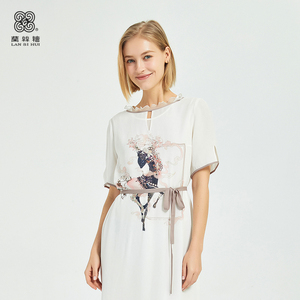 兰丝绘女装旗舰店新品夏季白色短袖连衣裙女士印花长裙