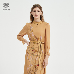 兰丝绘春季女装2021新款桑蚕丝连衣裙九分袖收腰系带中长款13338