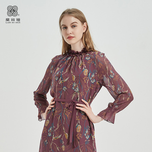 兰丝绘女装旗舰店夏季新款桑蚕丝连衣裙设计感气质印花系带中长裙