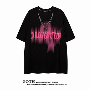 Goth美式高街发泡字母涂鸦项链短袖T恤男女情侣宽松嘻哈街头上衣