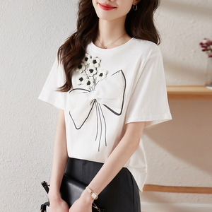 日本高端外贸出口尾单品牌剪标女装重工立体图案印花纯棉短袖T恤