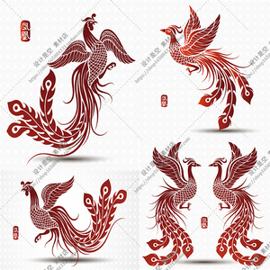 可爱卡通中国风凤凰神鸟大红喜庆剪纸广告海报矢量图素材291