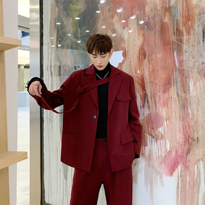 韩国复古红色西装洋气痞帅韩版潮网红飘带设计感发型师西服男外套
