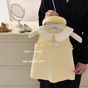 童装奶黄包法式娃娃领黄色女宝宝小香无袖背心裙2024新款夏连衣裙