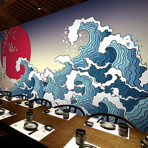 和风日式海浪壁纸寿司料理餐厅墙纸日本浮世绘墙布神奈川冲浪壁画