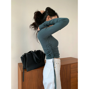 xxoossoo小众设计感开春纯棉超纯棉针织长袖t恤女 显瘦收腰