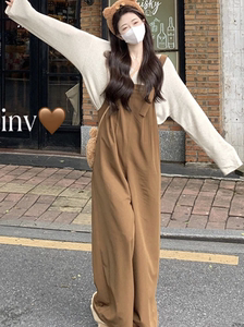 韩系艺术生时尚套装女秋季V领百搭针织上衣宽松显瘦背带裤两件套
