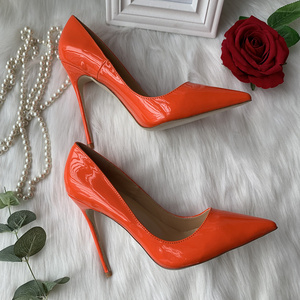 欧美外贸鞋定制大码小码高跟鞋亮橘红色漆皮尖头浅口露趾高跟单鞋