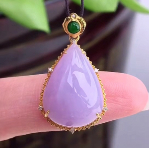 缅甸新款18k金镶嵌冰糯种淡紫色紫罗兰水滴小吊坠鉴定a翡翠女挂坠