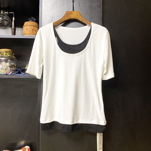 艾嫚伊a29037圆领假两件t恤显瘦短袖修身上衣夏季百搭撞色小衫女