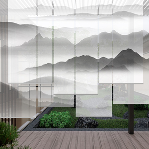 新中式水墨山水画禅意窗帘卷帘屏风悬挂式客厅遮光隔断卷拉式升降